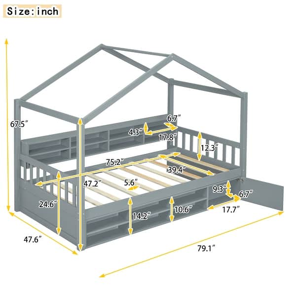 dimension image slide 1 of 4, Wooden House Headboard Bed Frame w/ Shelves & Mini-cabinet, Unisex