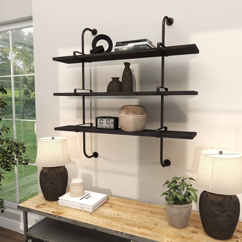3 Level Wood Wall Shelf with Black Metal Brackets - Brown or Gray