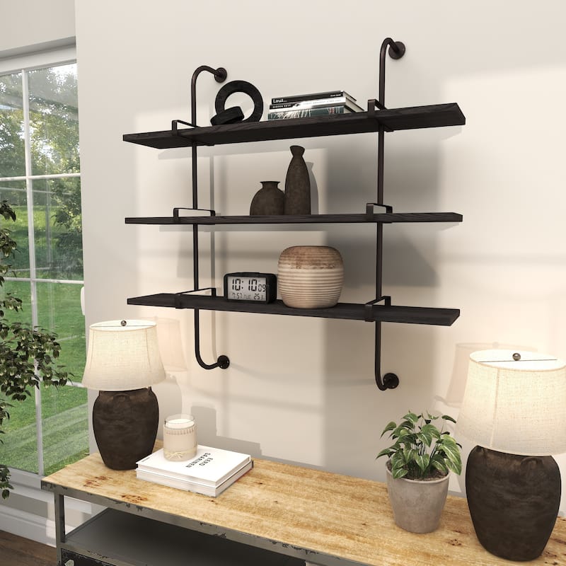Wood 2 or 3 Level Wall Shelf with Black Metal Brackets - Brown or Gray - Roche River Decor