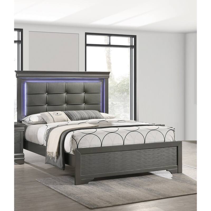 Modern Style 4pc Bed Set LED Light Headboard Bracket Legs Diamond Handles Gray Finish Bedroom Furniture