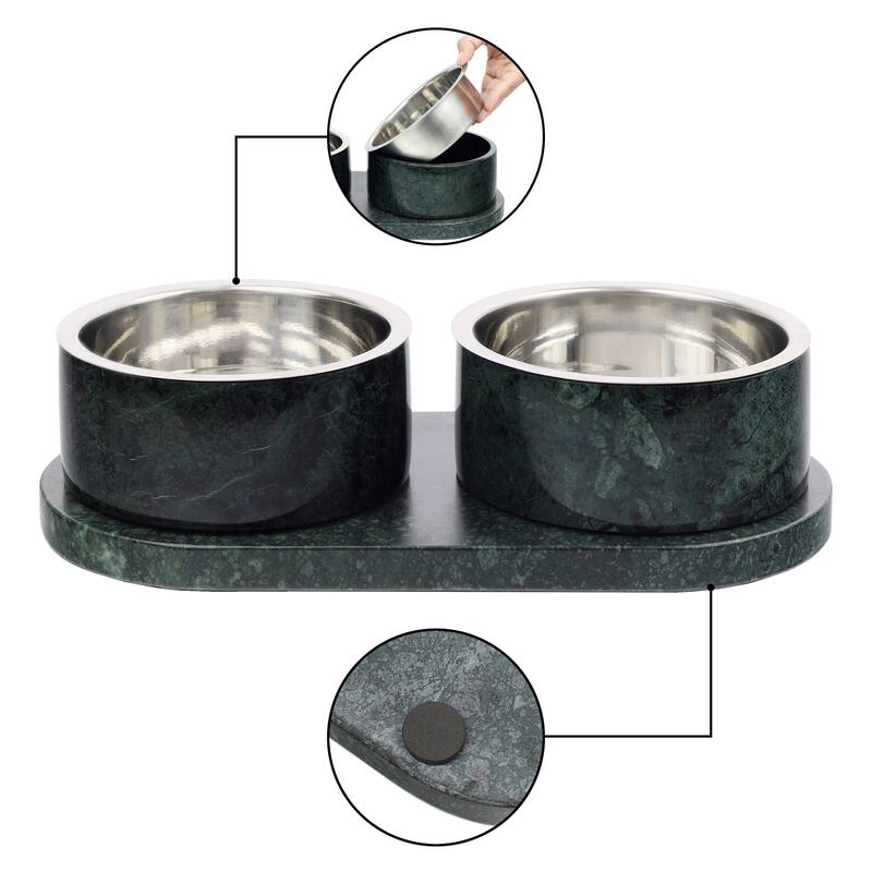Marbre 12oz Double Pet Bowl Set - Marble & Stainless Steel with Non-Slip Tray