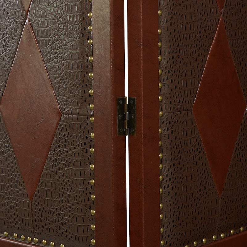 Brown Faux Leather Hinged Foldable Partition 4 Panel Scroll Partition Room Divider Screen with Faux Leather Detailing