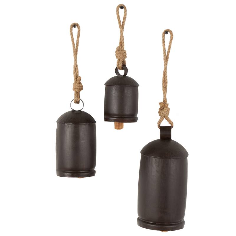 Metal Tibetan Inspired Indoor Outdoor Decorative Cow Bells with Jute Hanging Rope (Set of 3) - Set of 3 - 10",8",6"H