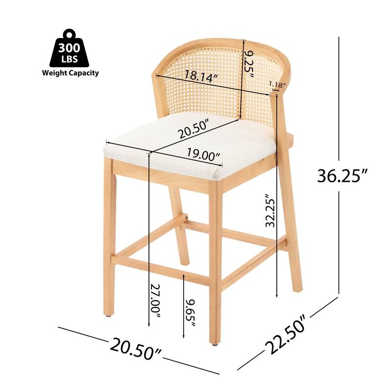 Roomfitters Tatti Indoor Wooden Counter Stools with Rattan Back and Beige Upholstery, Set of 2 - Set of 2