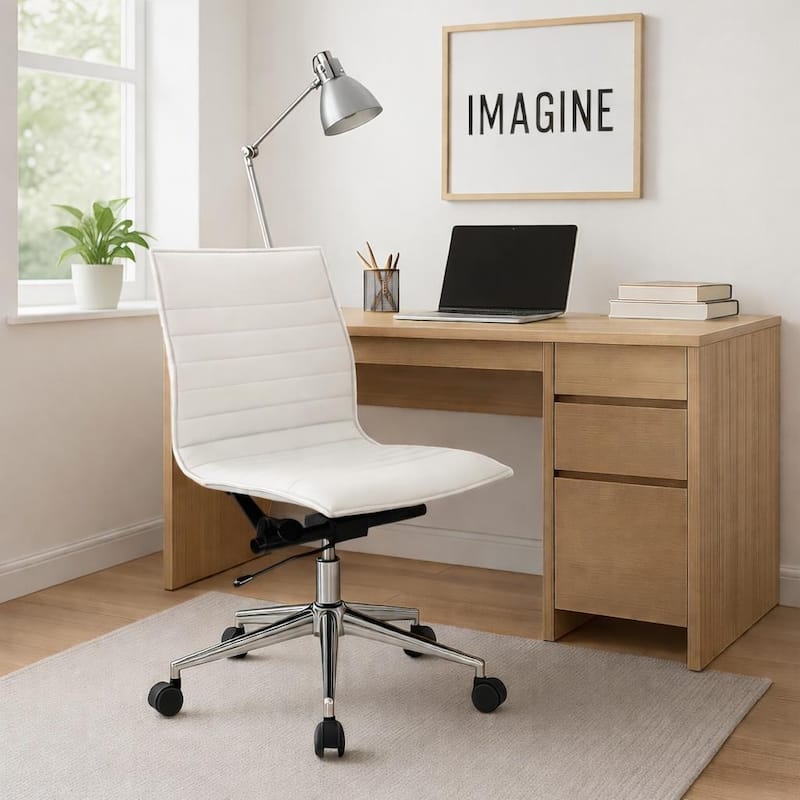 Set of 2 Modern Office Chairs, Upholstered PU Leather Ribbed Armless Mid Back with Metal Frame, Adjustable Height, Tilt