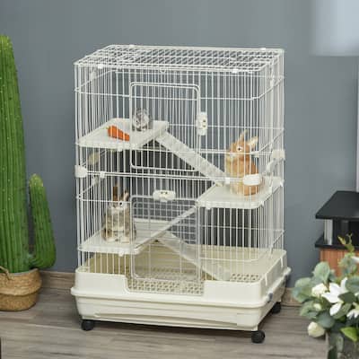 PawHut 32"L 4-Level Small Animal Cage Rabbit Hutch with Universal Lockable Wheels, Slide-out Tray for Bunny, Chinchillas