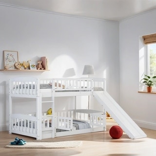 Twin over Twin Size Bunk Bed with Slide, Solid Wood Low Bunk Bed Frame ...