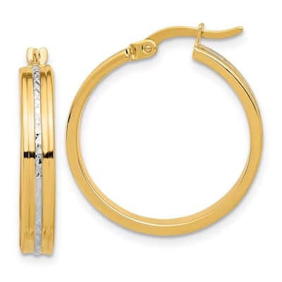 Curata 14k Yellow Gold White Rhodium Polished and Diamond cut Hoop Earrings - 24.75x24mm