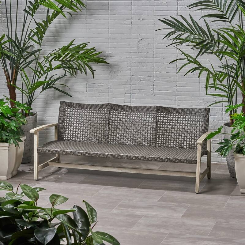 Outdoor Acacia Wood Wicker 3 Seater Sofa, Patio Furniture Conversation Set for Backyard