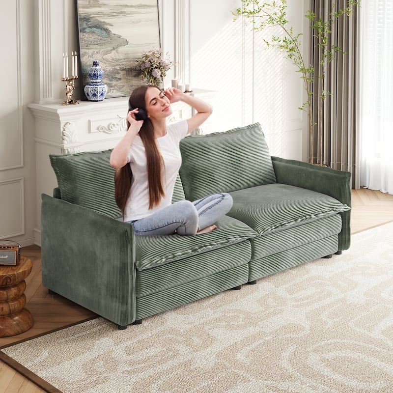 75" Corduroy Deep Seat 2-Seater Sofa with 2 Pillows - Green