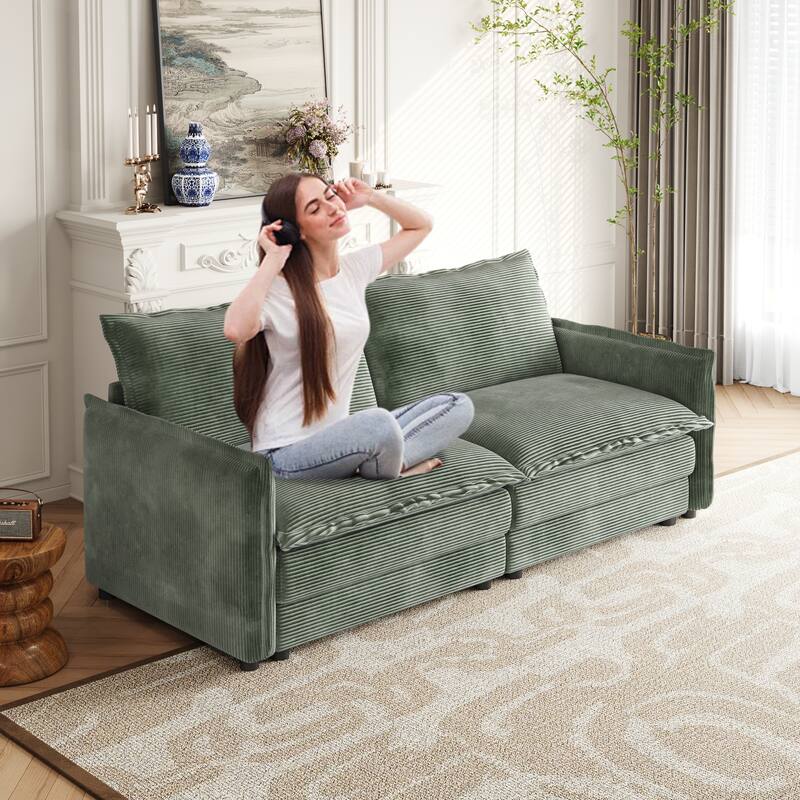 Corduroy Fabric Loveseat Sofa Couch for Living Room, Upholstered Large Size Deep Seat 2-Seat Sofa with 2 Pillow - Green