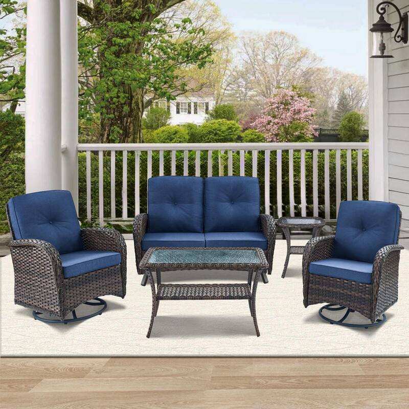 Outdoor Glider Bench Patio Loveseat with Swivel Chair - Brown - Blue - Brown