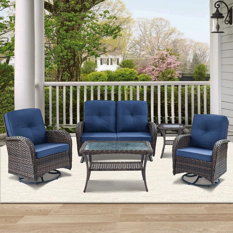 Outdoor Swivel Chair with Glider Rocking Sofa - Brown - Blue