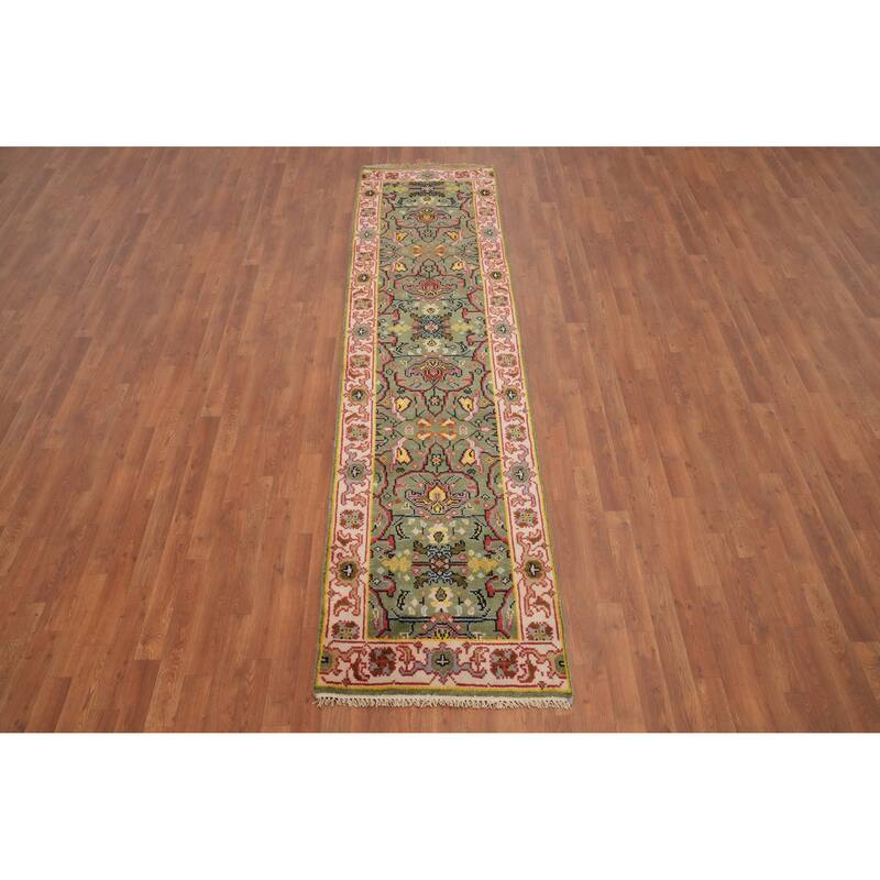 Hand Knotted Oriental 100% Wool Carpet Transitional All-Over Green Oushak Runner Rug - 9' 11'' X 2' 6''