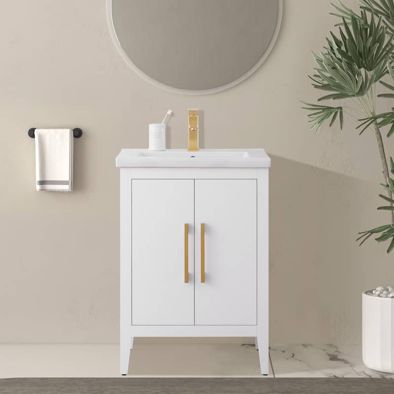 Vanity Art 20" or 24" or 30" Single Sink Bathroom Vanity Cabinet with Ceramic Top - 24"/Golden Brushed - White