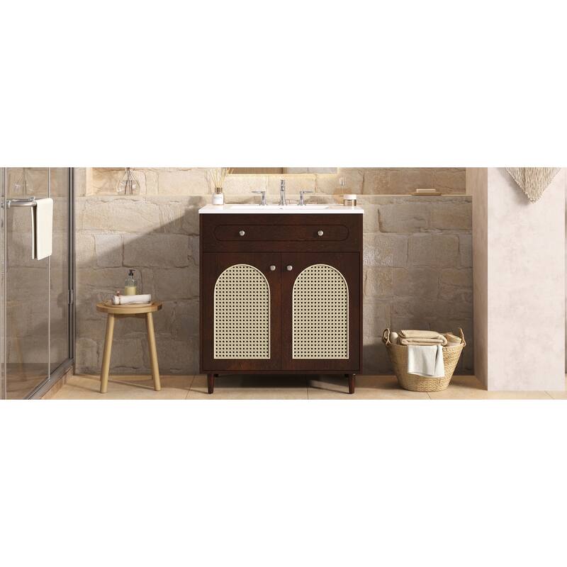 30" Bathroom Vanity with Ceramic Sink, Solid Wood Frame Bathroom Sink Cabinet with Adjustable Shelf, Tip-Drawer