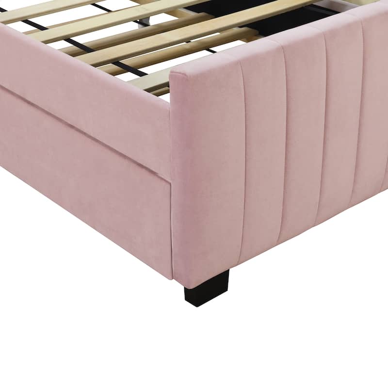 Twin Size Velvet Upholstered Platform Bed with Trundle, Pink