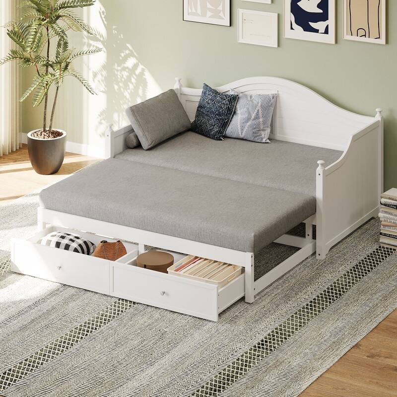 Twin Size Wood Daybed Extended Bed with Storage Drawers Wooden Sofa Bed
