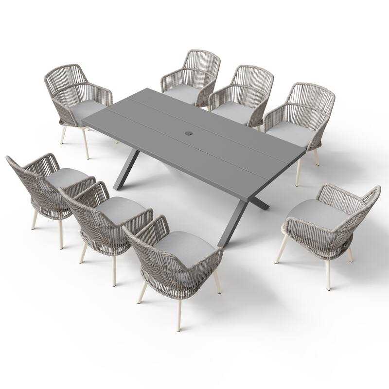 Outdoor Patio Dining Sets with PE Wicker Chairs and X-leg Aluminum Dining Table for 8 Persons