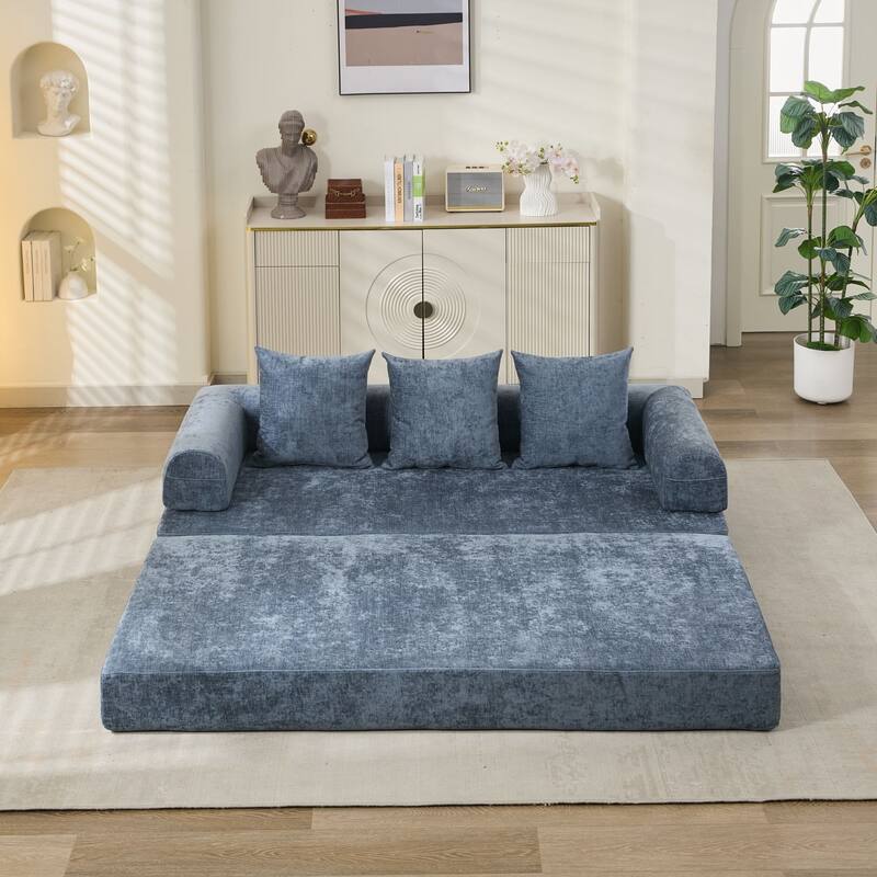 Chenille Convertible Floor Sofa Bed with Armrest for Living Room