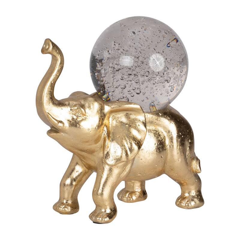 Sagebrook Home Gold Resin 9-Inch Elephant With Crystal Ball - Enchanting Polyresin Sculpture Decor Piece - 9" x 5" x 9"