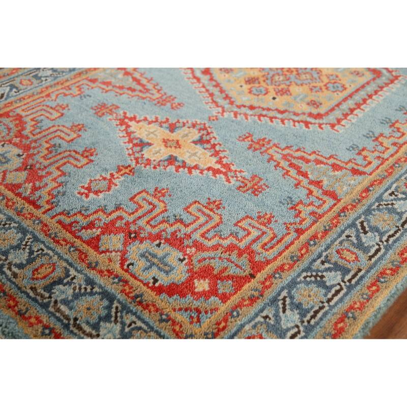 Light Blue Geometric Viss Indian Accent Rug Hand-Knotted Wool Carpet - 3'0"x 5'0"