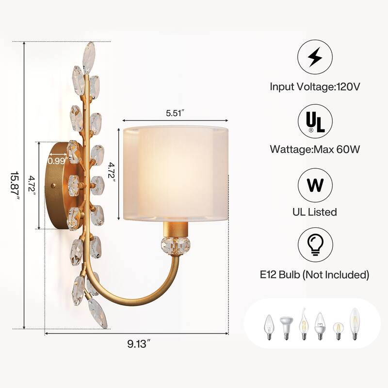 Crystal Wall Sconce with 2-Tier Shade, Bathroom Vanity Light - 5.5'' W × 9.1'' D × 15.9'' H