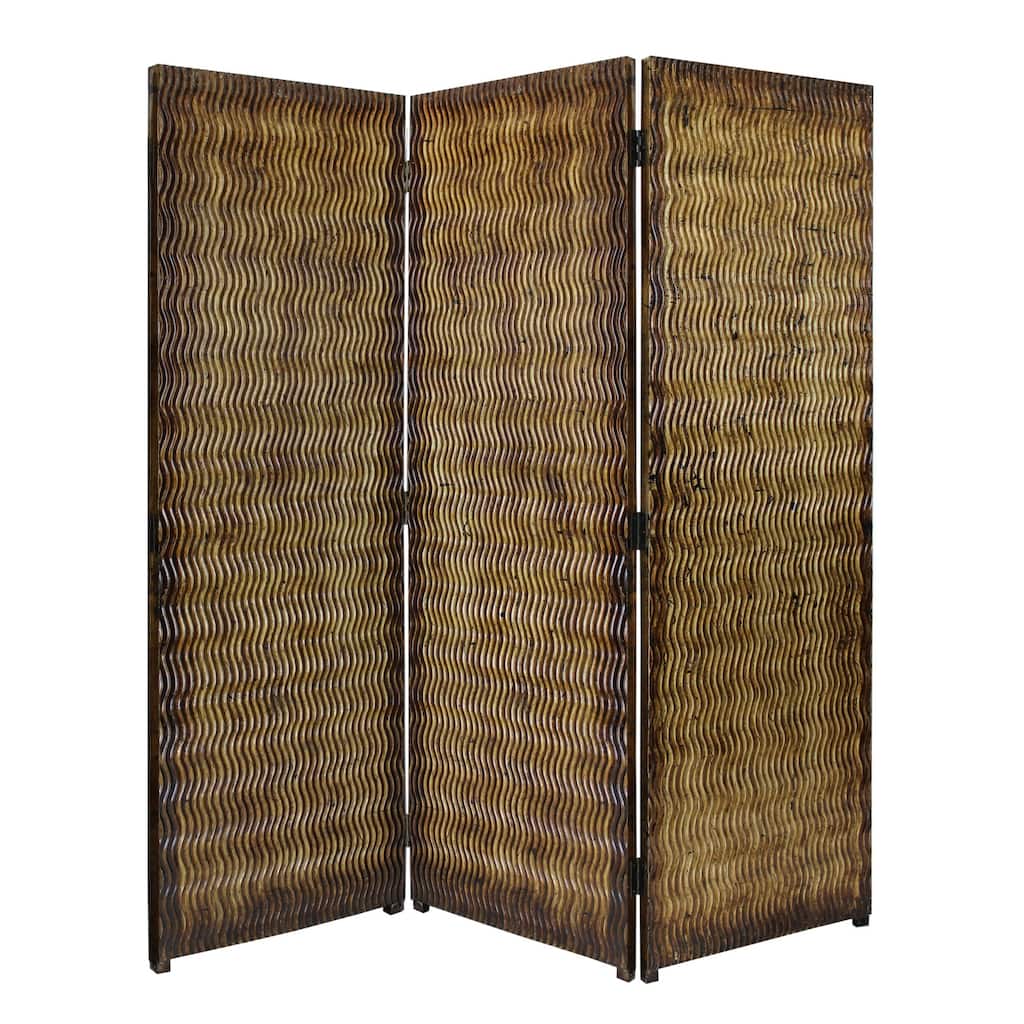 Dual Tone 3 Panel Wooden Foldable Room Divider with Wavy Design, Brown