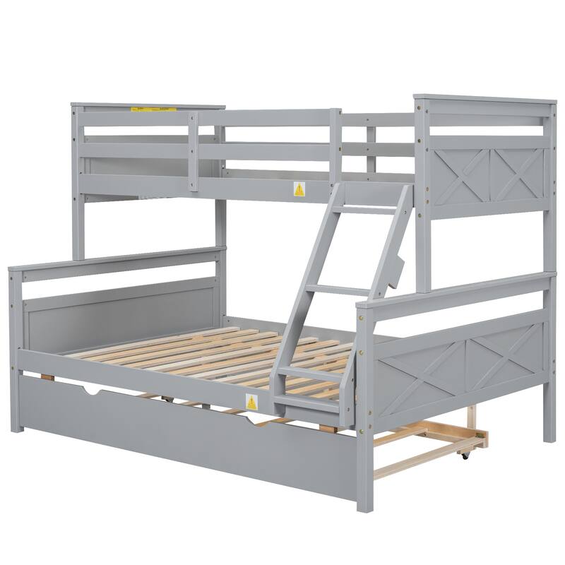 Twin Over Full Bunk Bed With Ladder, Twin Size Trundle, Safety Guardrail