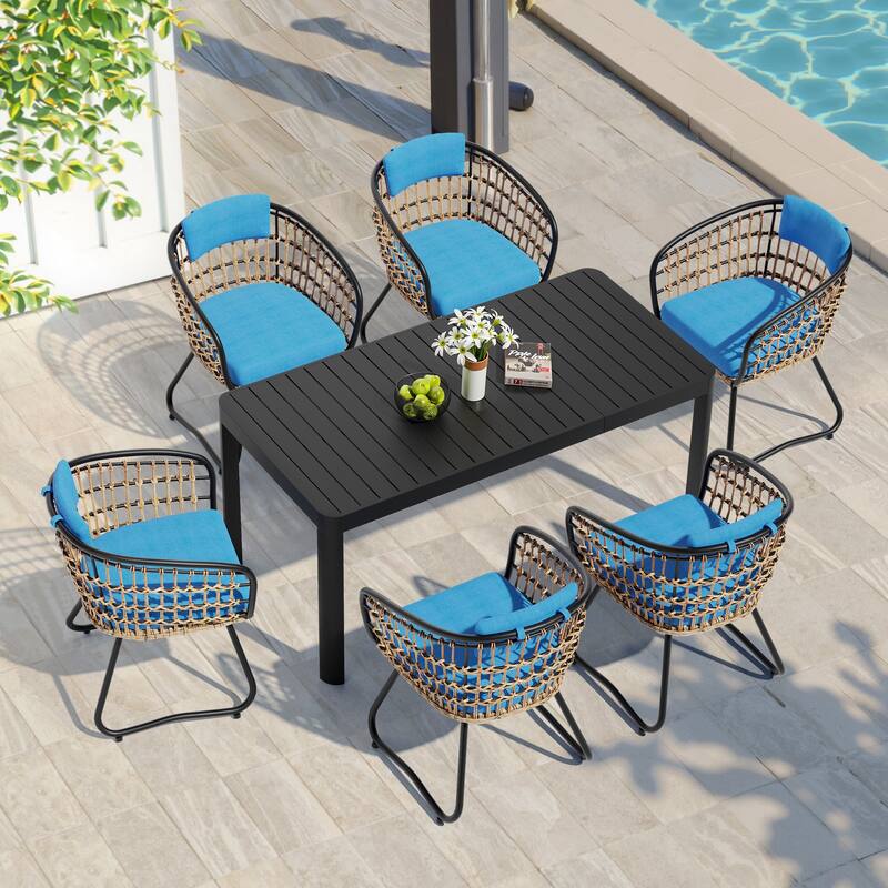 7-Piece Outdoor Patio Dining Set Expandable Rectangular Aluminum Dining Table with PE Rattan Dining Chairs - Blue