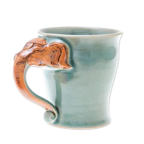 Handmade Elephant Handle In Green Celadon Ceramic Mug (Thailand)