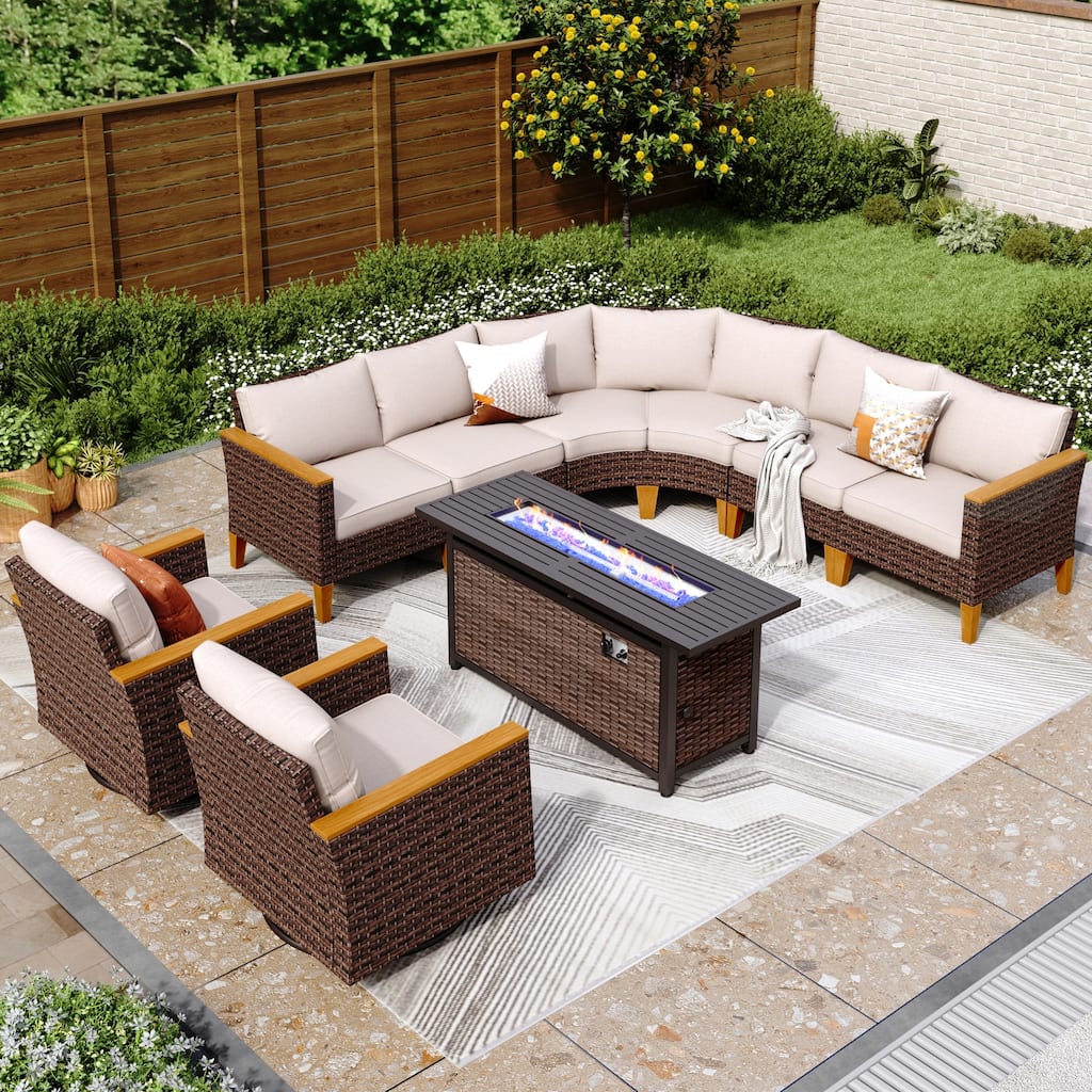10 Piece Patio Wicker Rattan Furniture Set, Half-Moon Rattan Conversation sets with 2 X Swivel Chair Sofa and Firepit Table