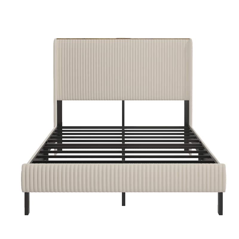 Velvet Upholstered Wingback Platform Bed, Modern Heavy Duty Metal Bed Frame with Charging Station