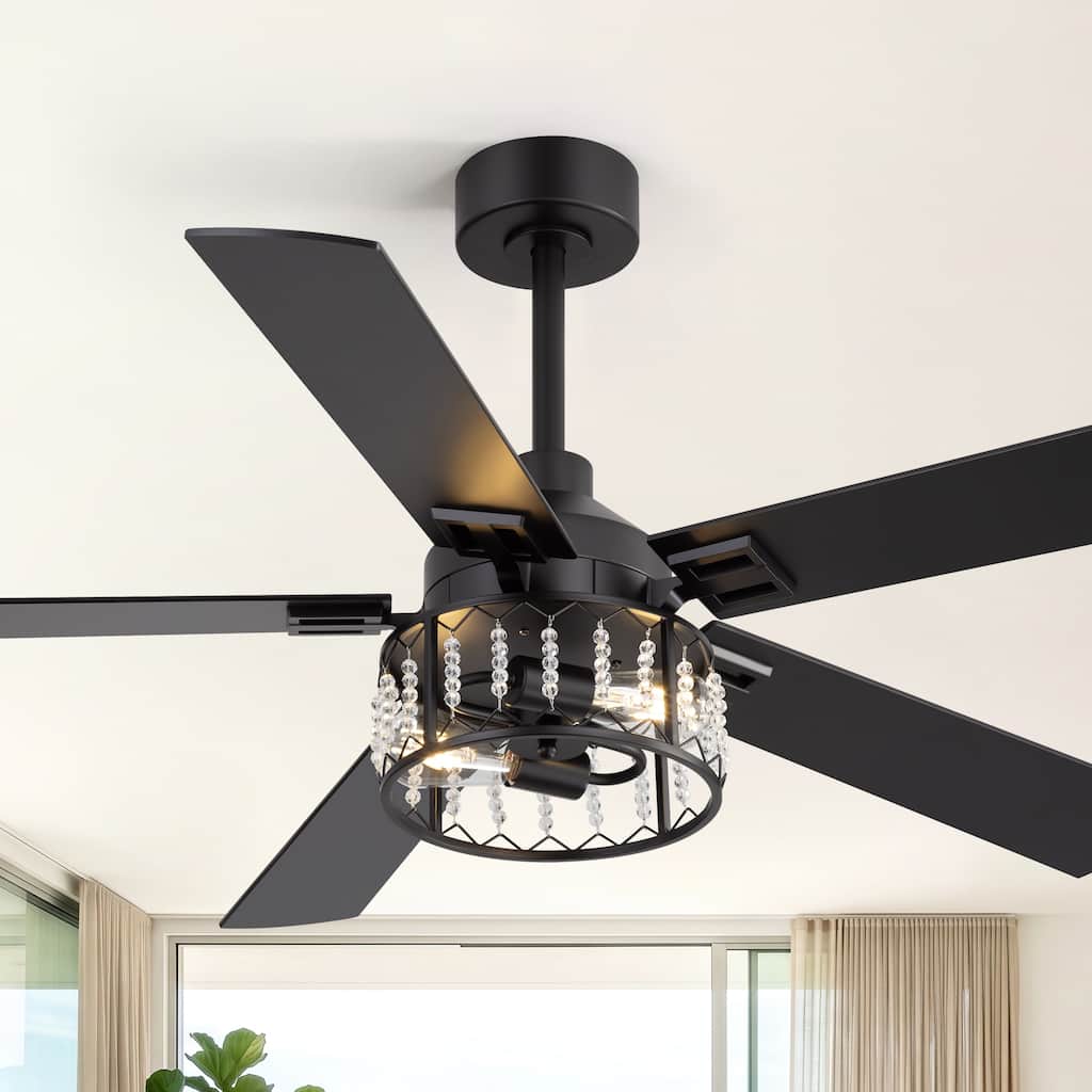 52-Inch Modern Crystal Ceiling Fan for Bedroom, Remote Control, 6-Speed Quiet DC Motor, Dual-Finish Blades