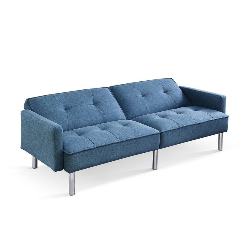 HomeRoots 85" Blue Polyester Blend Convertible Futon Sleeper Sofa And Toss Pillows With Silver Legs - 85