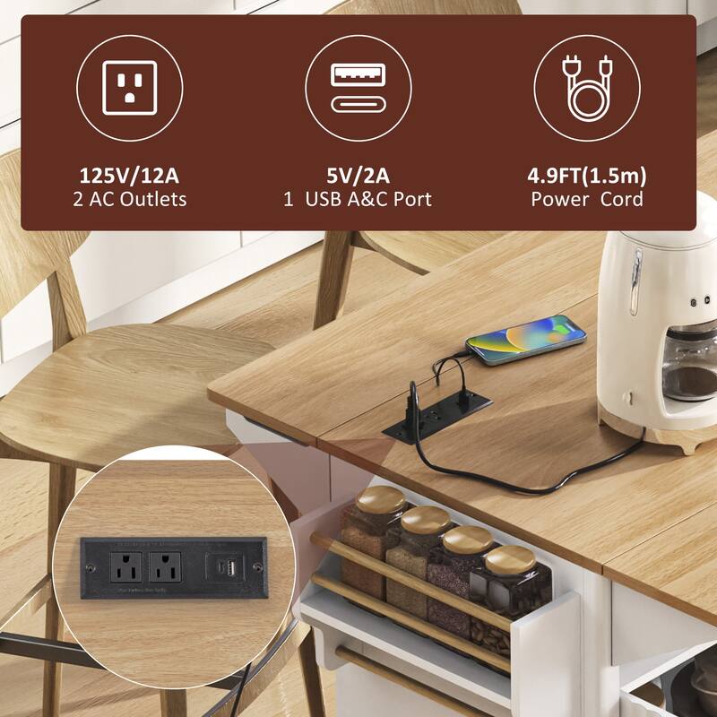 55.5" Fluted Kitchen Island with 2 Drop Leaf, Kitchen Storage Cart with Power Outlet, 4 Doors, Spice rack, Rolling Island Table
