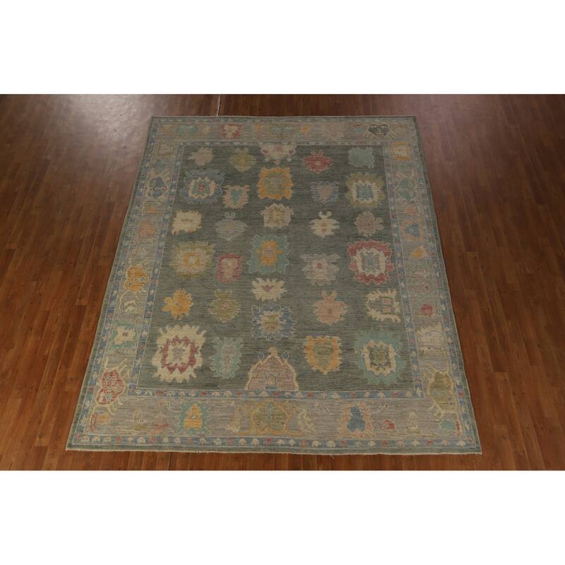 Hand Knotted Oriental 100% Wool Carpet Transitional All-Over Green Oushak Area Rug - 10' 4'' X 8' 2''
