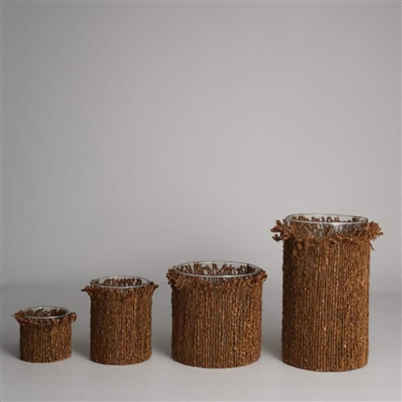 Cylindrical Glass Votive Candle Holder with a Wrap - 5" - Brown