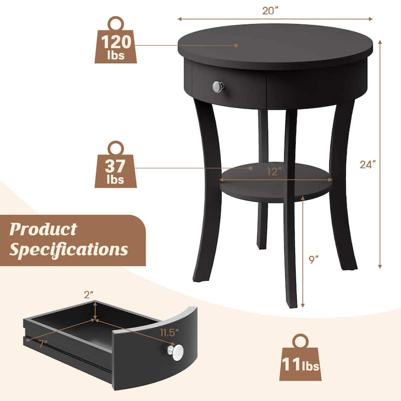 Costway 2-tier Side End Sofa Table Round Nightstand for Bedroom Living