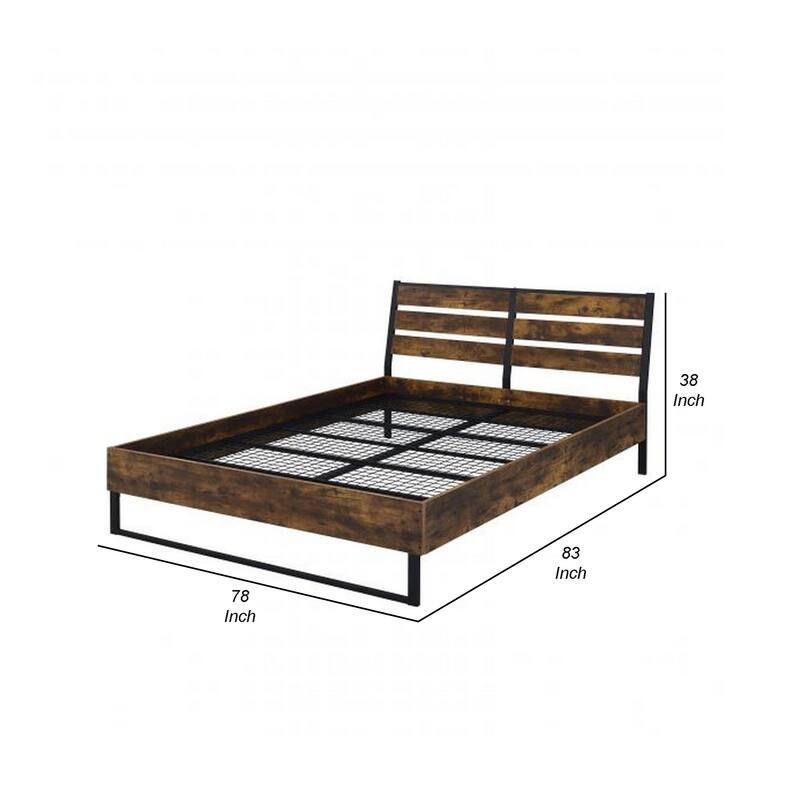 Eastern King Bed with Panel Headboard and Metal Slats, Brown and Black