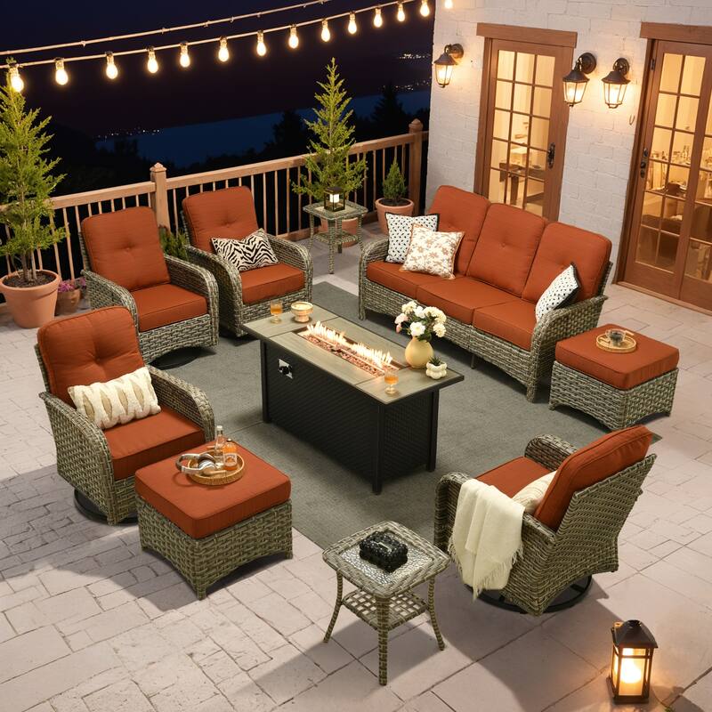 OVIOS 10-piece Patio Wicker Conversation Furniture Set with Fire Pit
