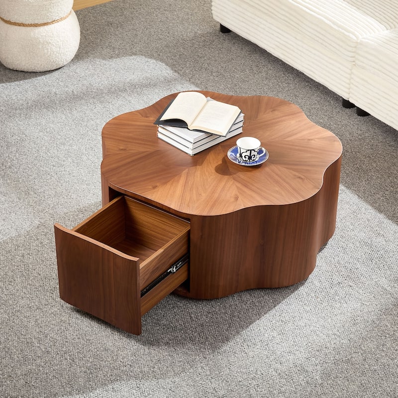 Modern Petal Shaped Coffee Table Stylish Round Coffee Table with Hidden Drawers, for Living Room, Walnut Color