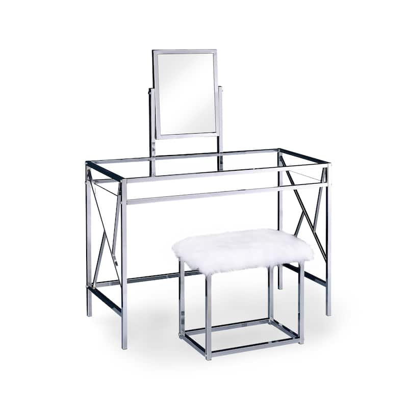 Furniture of America Davila Glam Metal 3-Piece Makeup Vanity Set with Mirror and Bench