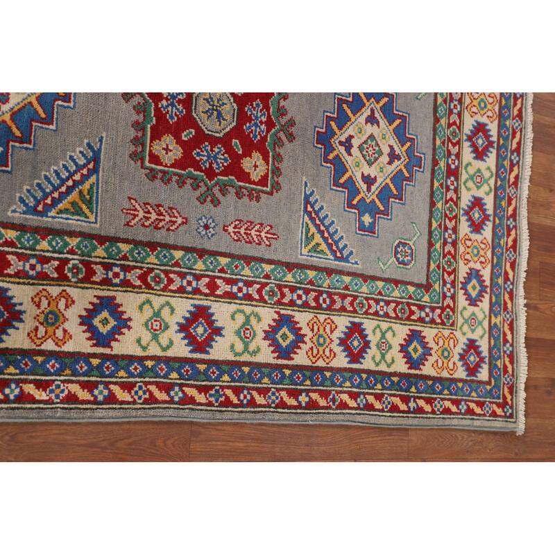 Gray Geometric Kazak Accent Rug Hand-Knotted Wool Carpet - 3'4" x 4'11"