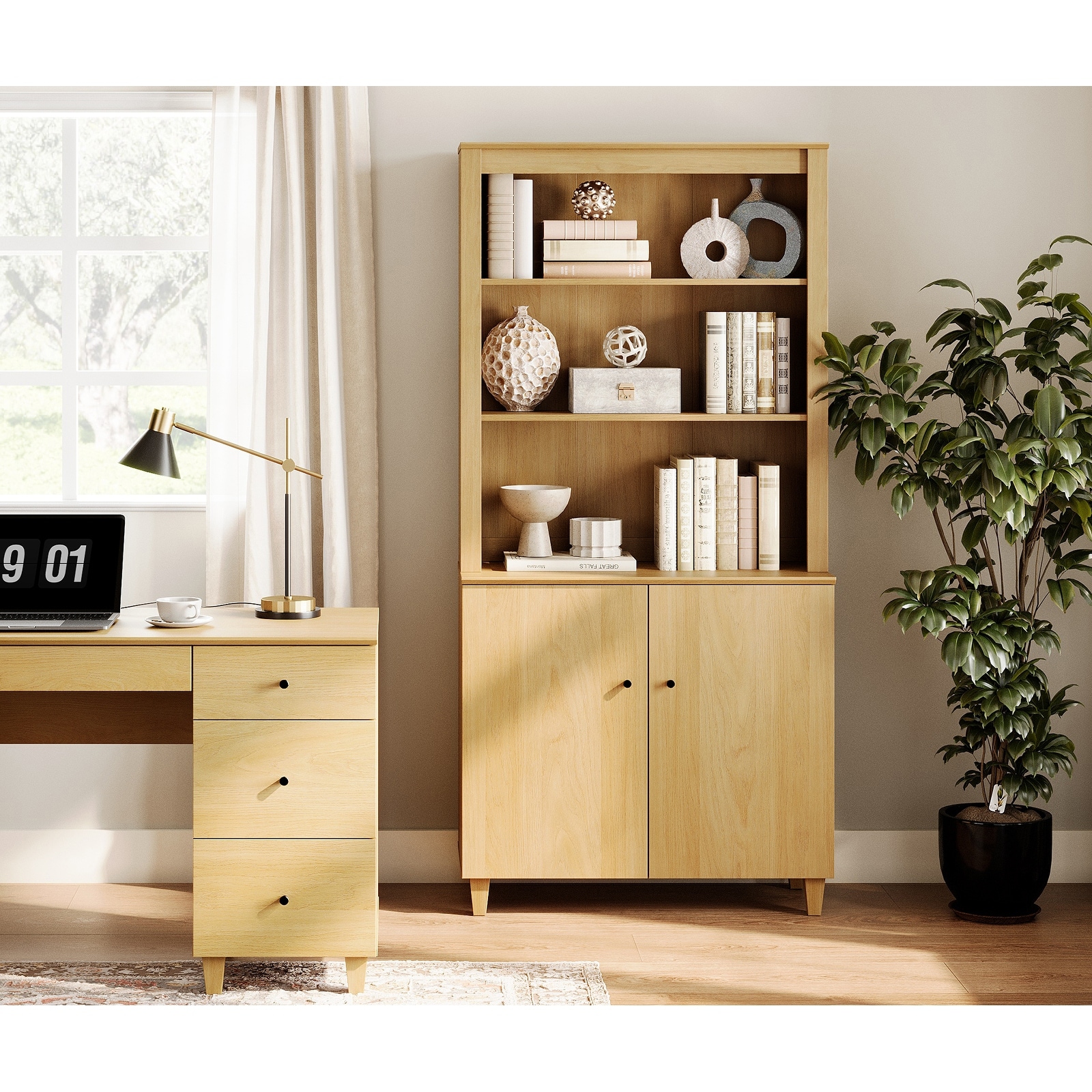 WAMPAT 71" Tall Bookcase with Doors&Storage Cabinet for Home Office