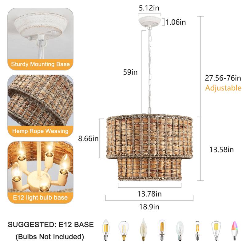 18.9 in. 5-Light Hemp Rope Weaving Drum Chandelier, Bohemian Style Chandelier, Handwoven Semi Flush Mount Chandelier
