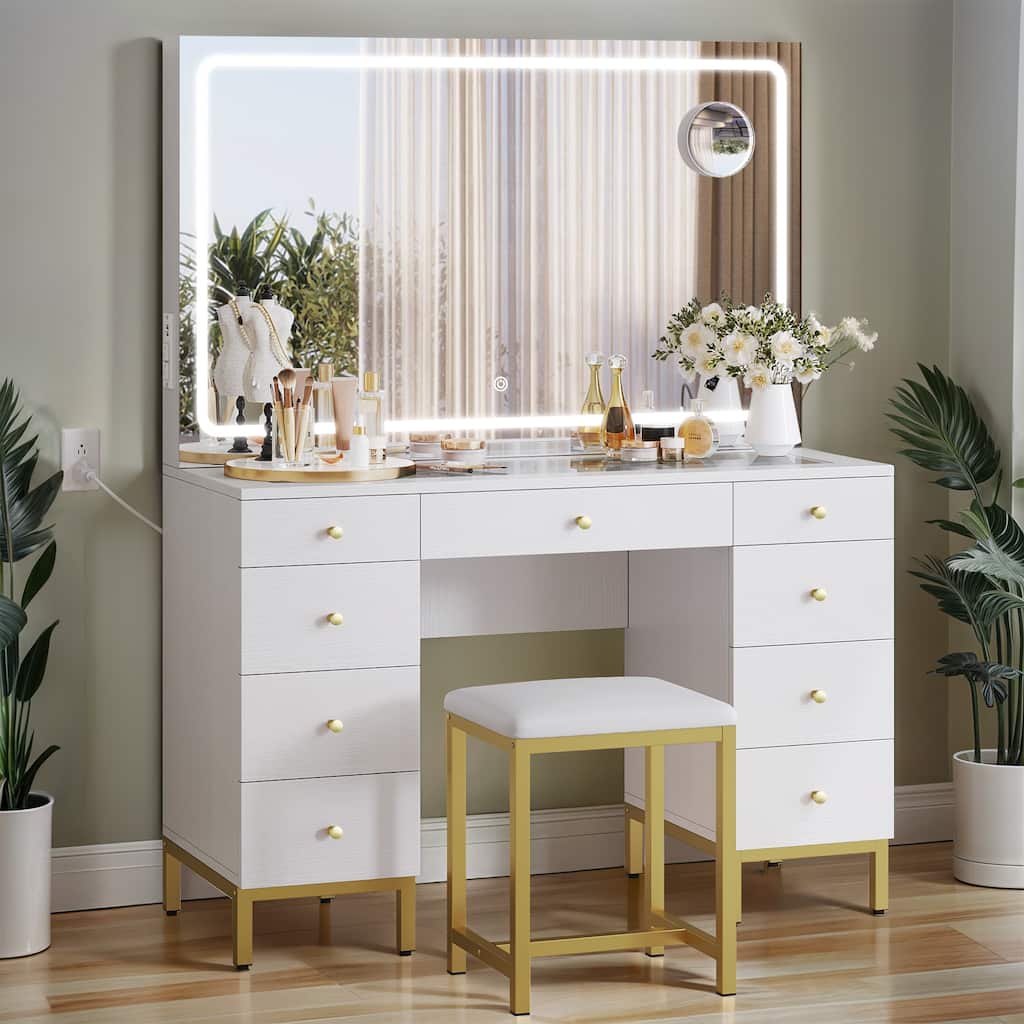 Moasis 9-Drawer Makeup Vanity Set with Stool and Mirror, Glass Top Vanity Desk with LED Lights