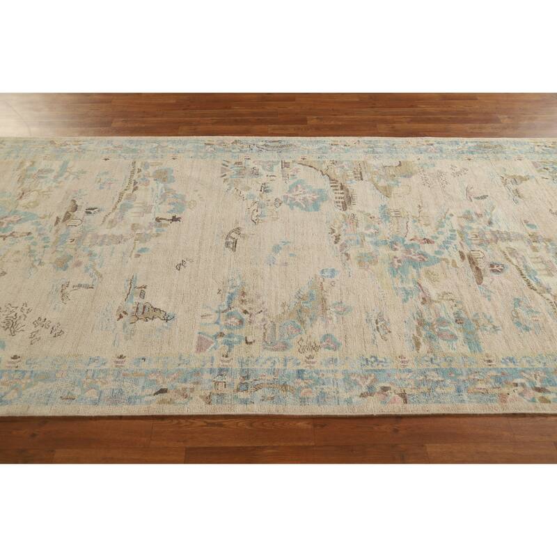 Hand Knotted Oriental 100% Wool Carpet Traditional Floral Beige & Ivories Art Deco Runner Rug - 14' 1'' X 4' 10''