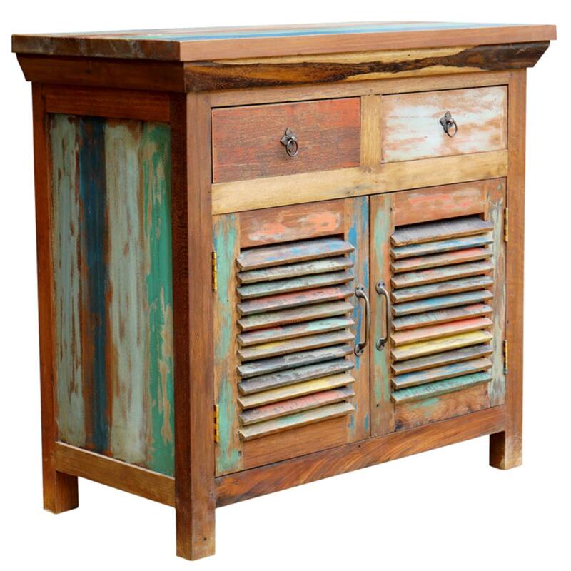 Chic Teak Chest with 2 Slatted Doors 2 Drawers made from Recycled Teak Wood Boats