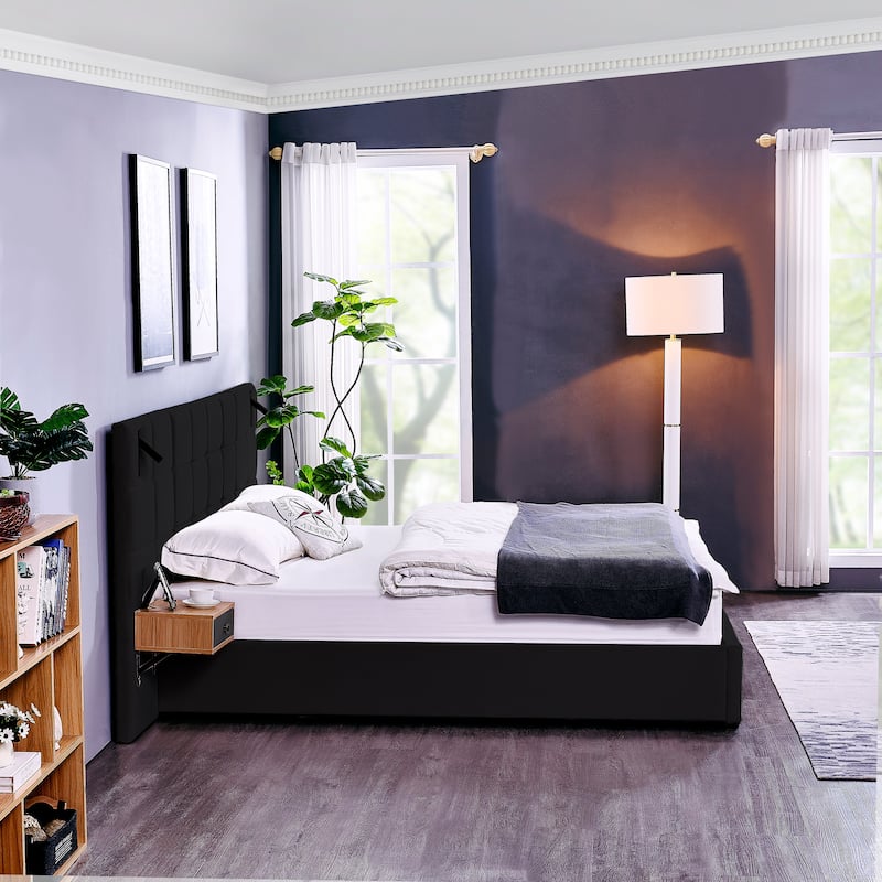 King Size Storage Velvet Upholstered Hydraulic Platform Bed with 2 Shelves, 2 Reading Lamps and USB Port